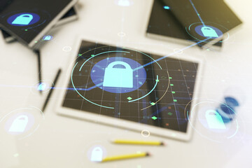 Poster - Creative lock sketch with chip hologram and modern digital tablet on background, protection of personal data concept. Multiexposure