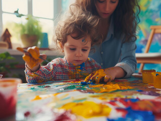 Wall Mural - A small child with his mother enthusiastically draws with paints