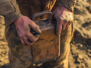 An old iron canister for water in the hands of a farmer.