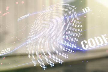 Aufkleber - Multi exposure of virtual abstract fingerprint illustration on blurry modern office building background, digital access concept