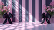 © Natasa - Empty room podium for product presentation, with two gift boxes decorated with luxury black bows and vases with delicate flowers. Minimal scene for product mockups, stage showcase, promotional display