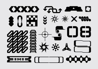 Futuristic abstract asset streetwear element collection acid shape vector icon y2k Bundle HUD interface game technology separated editable