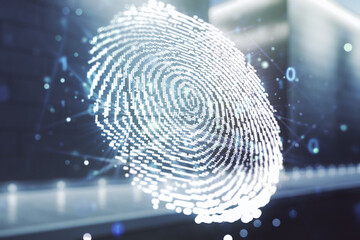 Aufkleber - Multi exposure of virtual abstract fingerprint illustration on blurry modern office building background, digital access concept