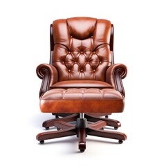 Sticker - A brown leather chair with ottoman and footstool on a white background, AI