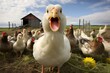 AI generated illustration of a duck with an abundance of chickens in the field in the background