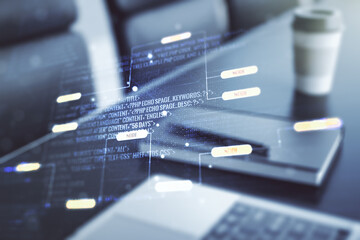 Aufkleber - Multi exposure of abstract software development hologram on laptop background, research and analytics concept