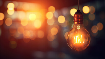 Glowing light bulb on blurred bokeh background with free place for text. Education, idea, thought, brainstorming concept