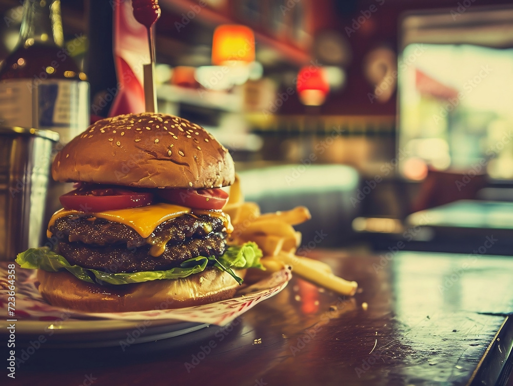 Cheeburger Vintage-style Hamburger and Fries in a Restaurant with Retro Background ...