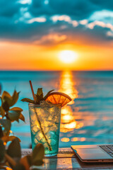 Wall Mural - Cocktail Drink Summer Beach Tropical Exotic Sea Vacation Refreshment Alcohol, Glass Fruit Straw Cold Orange Holiday Ice Water Sky Travel