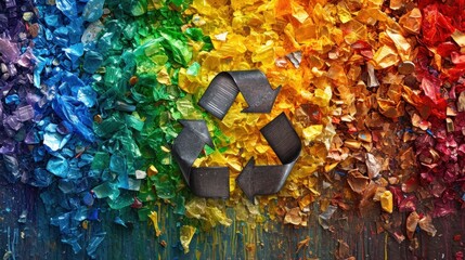 Fototapete - A rainbow colored recycling symbol on a wall of broken glass, AI