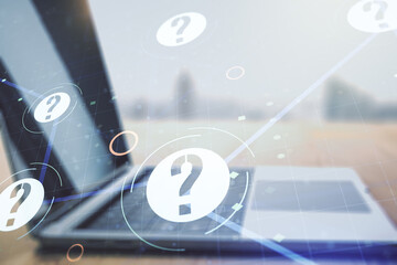 Aufkleber - Creative abstract question mark hologram on modern computer background, future technology concept. Multi exposure