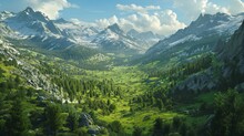 Sunlight Bathes A Lush Alpine Valley Surrounded By Rugged Snowy Mountains, Highlighting The Vibrant Greenery And Serene Environment.