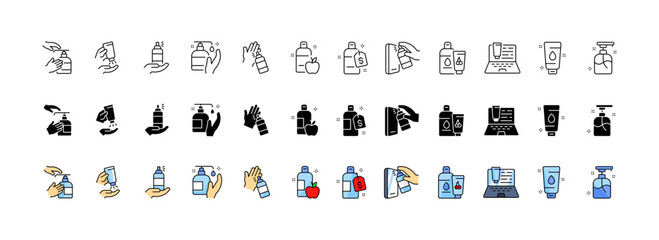 Poster - Disinfection icons set. Antiseptic icons. Linear, silhouette and flat style. Vector icons