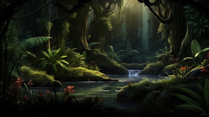 Wall Mural - the river in a lush rainforest scene. Digital concept, illustration painting.