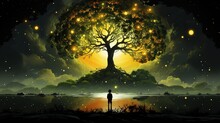 The Man Is Looking At The Tree Of Life In The Night. Digital Concept, Illustration Painting.