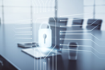 Poster - Creative lock sketch with chip hologram on modern laptop background, protection of personal data concept. Multiexposure
