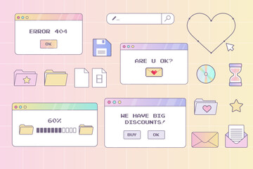 Poster - y2k interface, Icon,  browser computer window set pastel Retrowave pc desktop with message boxes and popup user interface elements ux ui