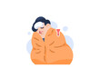 A man who has a fever. wearing a blanket because of catching a cold. high body temperature. health problems and diseases. the character of people. Cartoon or flat style illustration design. graphic