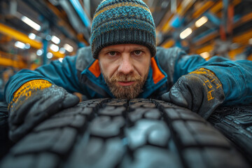 Poster - Close-up of car mechanic with tires
