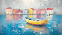 A Charming Swedish Rural Scene Painting, Featuring A Row Of Colorful Red Houses Reflecting On Calm Waters With A Solitary Yellow Boat In The Foreground.