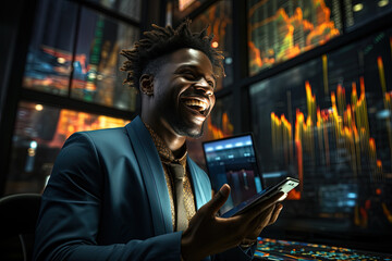 Wall Mural - Exuberant Trader Celebrating Success in a High-Tech Financial Hub at Night