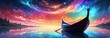 A boat peacefully floated on the surface of a serene body of water beneath a colorful sky adorned with countless twinkling stars. Fantasy Art
