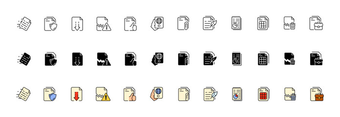 Poster - Document icon set. Collection of documents. Linear, silhouette and flat style. Vector icons