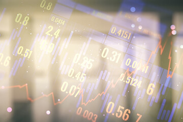 Poster - Multi exposure of virtual creative financial chart hologram on empty modern office background, research and analytics concept