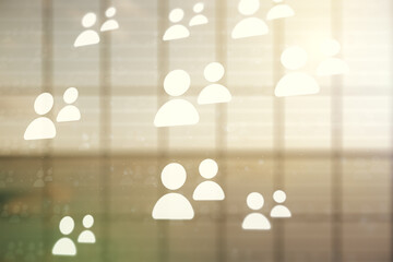 Poster - Double exposure of social network icons hologram on empty room interior background. Networking concept