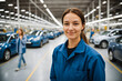 happy smiling young female automotive worker trainee walking sideways and looking at camera while waiting in car production plant of vehicle manufacturer