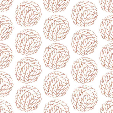 Seamless pattern of knotted ropes cords monkey fist knot ball Nautical thread whipcord with loops and noose, braided, spiral fiber. Illustration hand drawn graphic diagonal brown on white background