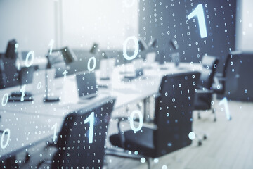 Aufkleber - Double exposure of abstract virtual binary code hologram on modern corporate office background. Database and programming concept