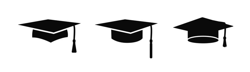 Wall Mural - Graduate caps with tassels set. Black cap with square brim to celebrate successful graduation from school and college with academic success vector uniform