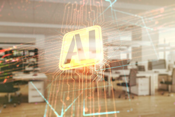 Poster - Double exposure of creative artificial Intelligence abbreviation hologram on a modern furnished office interior background. Future technology and AI concept