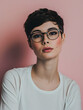 © simba kim - Beautiful woman with short hair and glasses, Generative AI