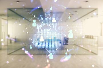 Poster - Virtual social network hologram and world map on a modern furnished office background. Multiexposure