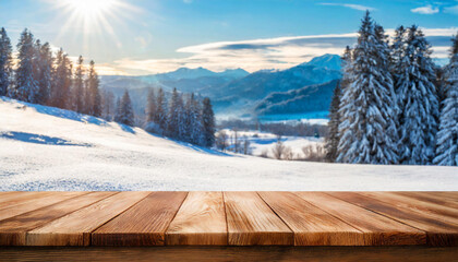 Wall Mural - Wooden table top on blurred background of winter landscape - Product display