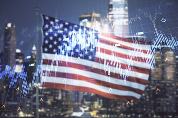 Poster - Multi exposure of abstract financial diagram and world map on US flag and city background, banking and accounting concept
