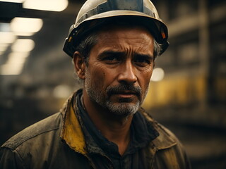 Portrait of a mature Blue Collar Worker wearing safety helmet (hard hat) in a factory warehouse