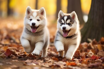 cute husky dogs running in outdoor 