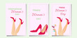 Happy Women's Day set. Women's legs in high heels. Happy March 8 Postcard and poster for the spring holiday. Vector illustration for card, poster, web.
