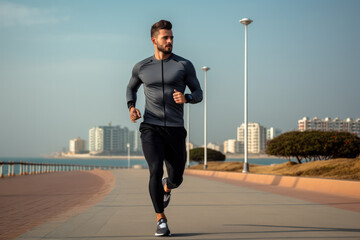 Wall Mural - Caucasian man jogging on road near coastline of ocean during summer. Healthy lifestyle for adults. Runner training for marathon cross country running. Morning exercising sport aerobic workout