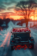 Wall Mural - Red decorated vintage car in motion carrying Valentine's hearts in a winter countryside with snow cover in sunset backlight.