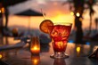 Orange Cocktail on a table, alcohol, paradise, beautiful moment, red cocktail, spritz, beautiful view, lemon slice, luxury, summer night, bar and restaurant, fresh, Generative AI 