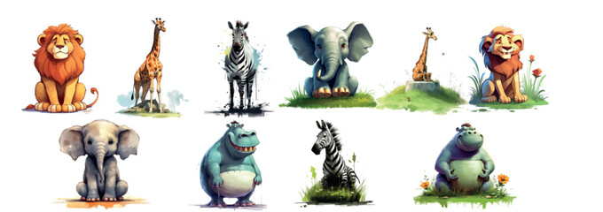 Poster - Colorful Illustration of Wild Animals Including Lions, Elephants, a Zebra, Giraffe, and Hippos in Various Poses on Grassy Patches