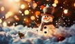 snowman decorated for christmas, small snowman figurine on a snowy background, happy snowman for winter holidays christmas tree and lights in the background, bokeh, raining light, snow. Generative AI 