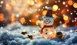 snowman decorated for christmas, small snowman figurine on a snowy background, happy snowman for winter holidays christmas tree and lights in the background, bokeh, raining light, snow. Generative AI 