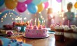 pink birthday cake with candles, people, table, birthday party for children, children having fun, colorful cake, rainbow, multicolored balloons, chocolate, sugar and candies, sweet, Generative AI 