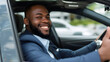 © BeautyStock - African American black businessman in suit driving new car, smiling happy and showing thumb up, business entrepreneur success concept