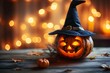 jack o lantern with a witch hat, wizard hat, pointy hat,  pumpkin with a funny face, carved pumpkin, halloween decoration, on a wooden table, cute pumpkin, lantern, Generative AI 